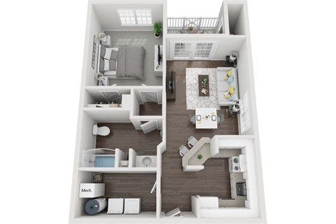 Floor plan for 1 bed, 1 bath, 728 sqft